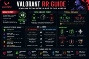 Valorant RR Guide showing how Rank Rating works, RR gains and losses, MMR comparison, and tips to rank up faster.
