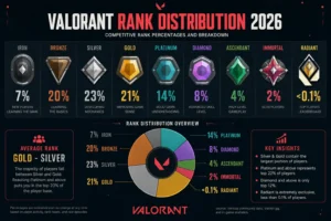 Valorant Rank Distribution showing player percentages across every competitive rank.