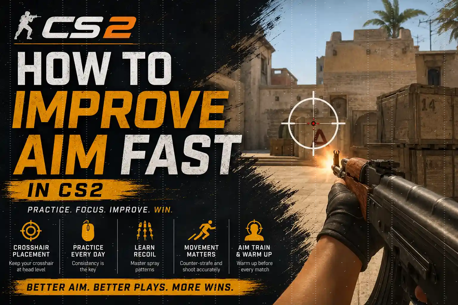 How to Improve Aim Fast in CS2 guide featuring Counter-Strike 2 aim training, crosshair placement, recoil control, and aiming practice tips.