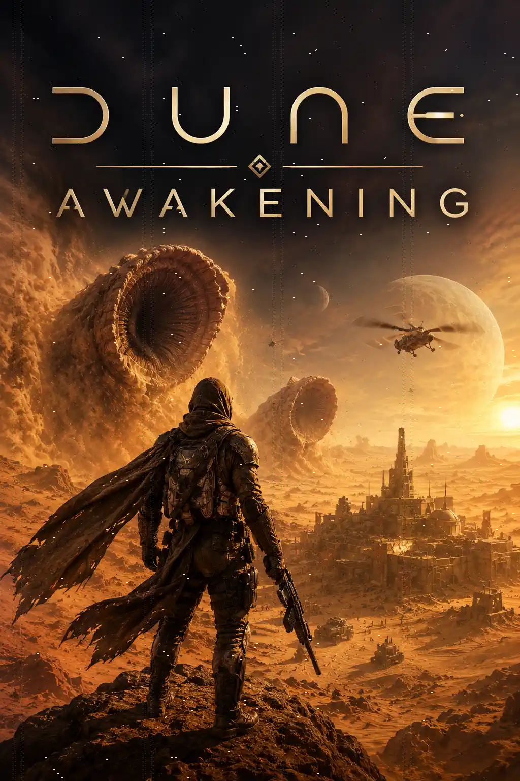 Dune: Awakening artwork featuring a lone warrior on Arrakis with giant sandworms and a futuristic desert city