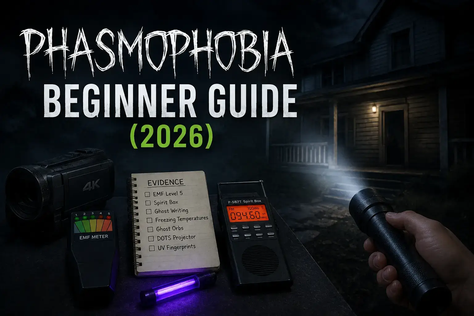 Phasmophobia Beginner Guide showing essential ghost hunting equipment and investigation tips for new players.