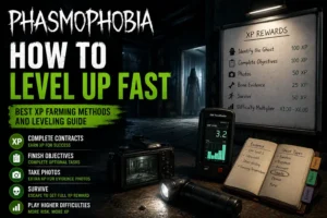 Phasmophobia How to Level Up Fast guide featuring the best XP farming methods, contract strategies, and progression tips.