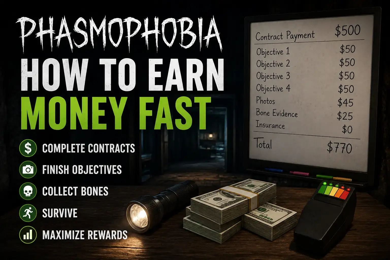 Phasmophobia How to Earn Money Fast guide showing the best methods to complete contracts and maximize rewards.