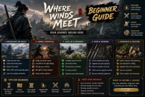 Where Winds Meet Beginner Guide featuring combat, leveling, exploration, gear, and progression tips for new players.