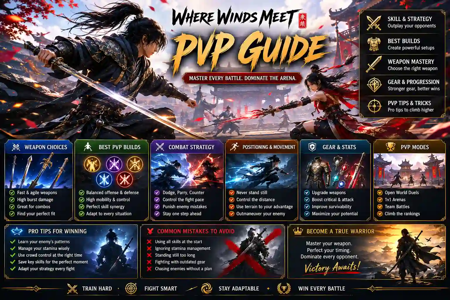 Where Winds Meet PvP Guide featuring the best PvP builds, weapons, combat strategies, and gear for competitive battles.