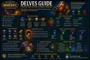 World of Warcraft Delves Guide infographic explaining Delve tiers, Brann Bronzebeard, Bountiful Delves, rewards, and the best strategies for solo and group progression.
