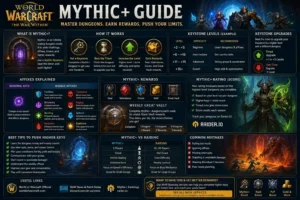 World of Warcraft Mythic Plus Guide infographic explaining Mythic+ keystones, affixes, rewards, Mythic Rating, and tips for completing higher keys.