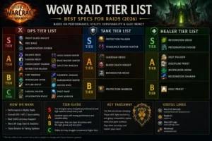 WoW Raid Tier List 2026 featuring the best DPS, Tank, and Healer specializations for raiding.