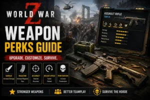 World War Z Weapon Perks Guide featuring weapon upgrades, perk selection, and the best assault rifle build.
