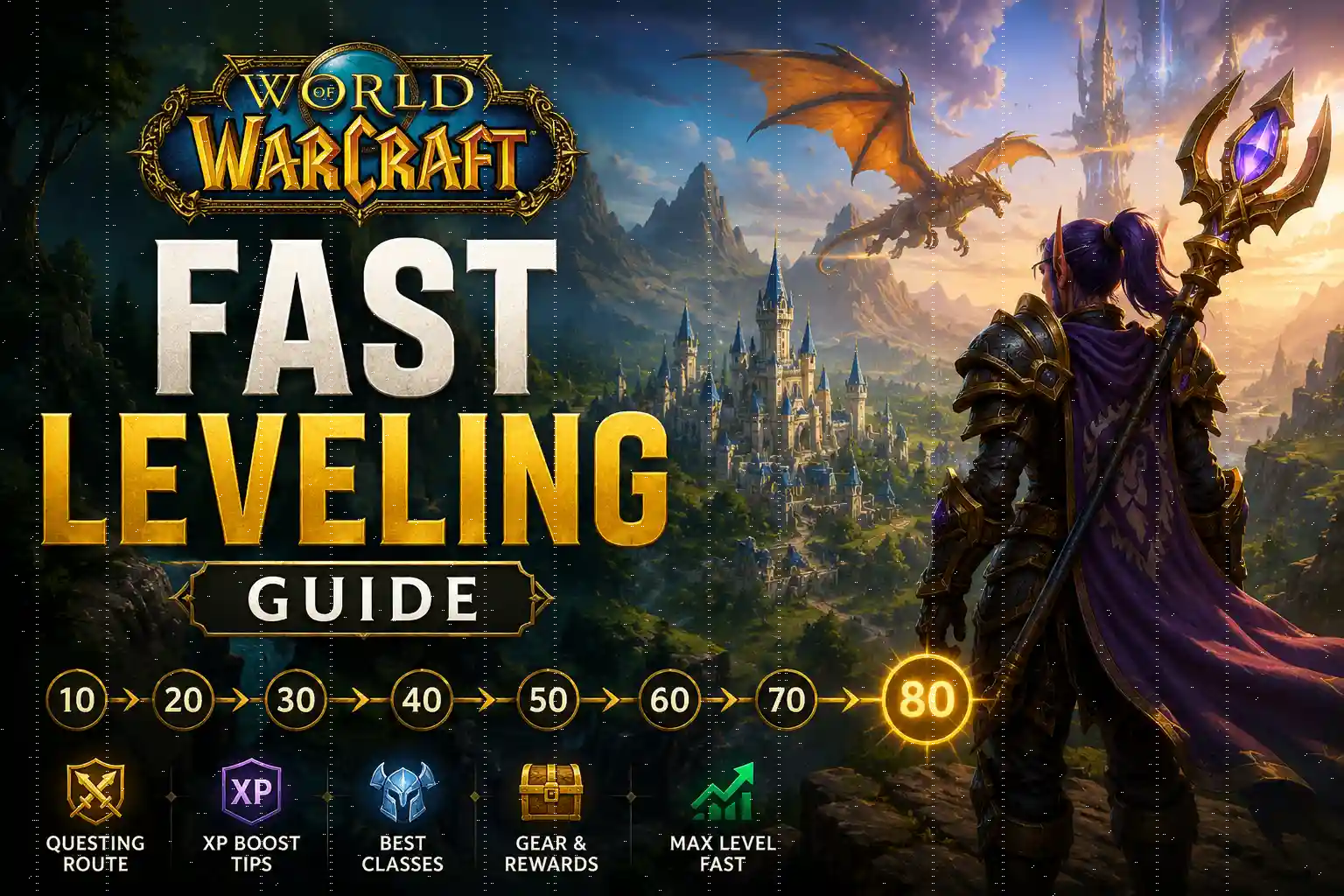 WoW Fast Leveling Guide featuring a World of Warcraft hero exploring Azeroth with fast leveling tips