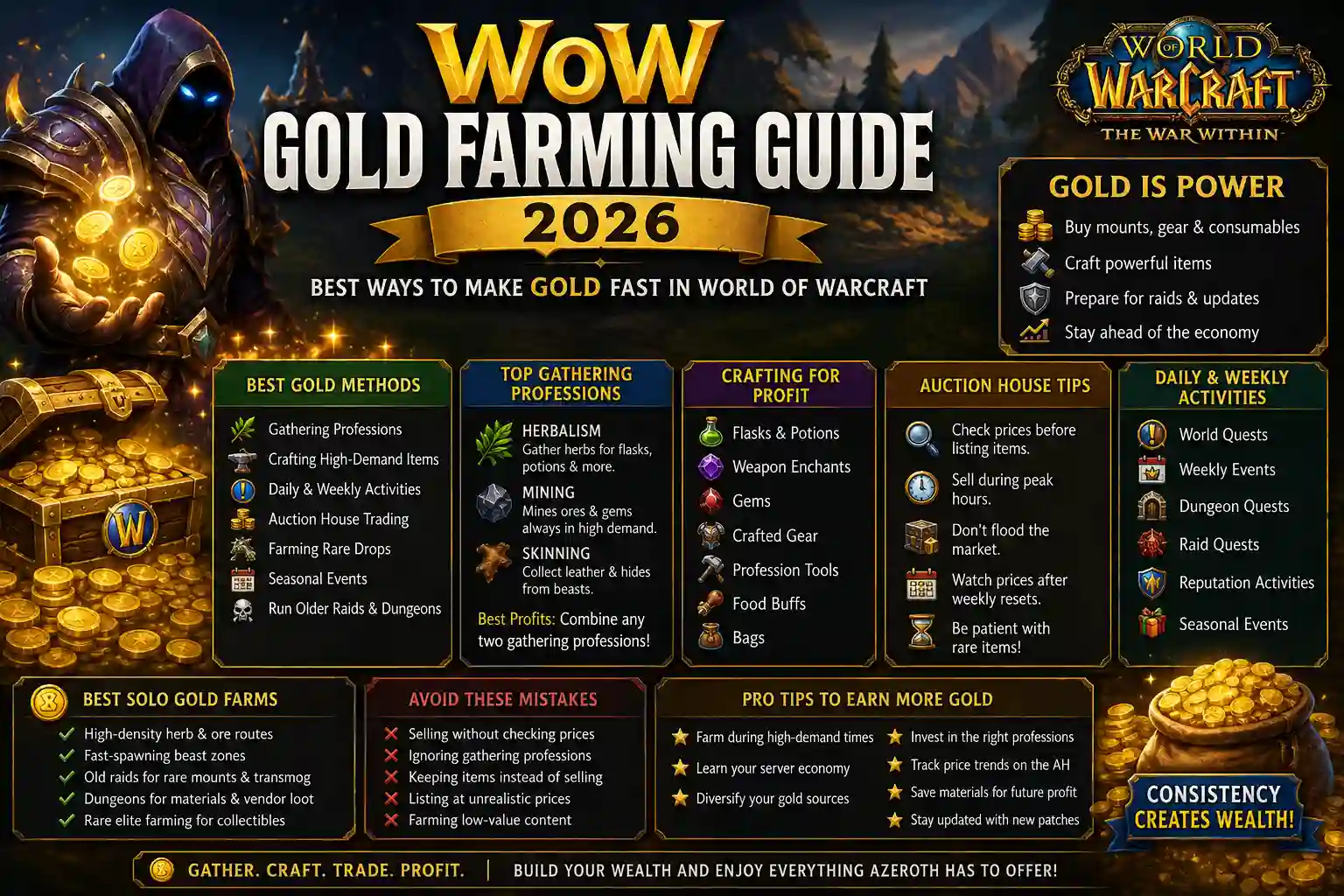 WoW Gold Farming Guide 2026 featuring the best methods to earn gold fast in World of Warcraft.