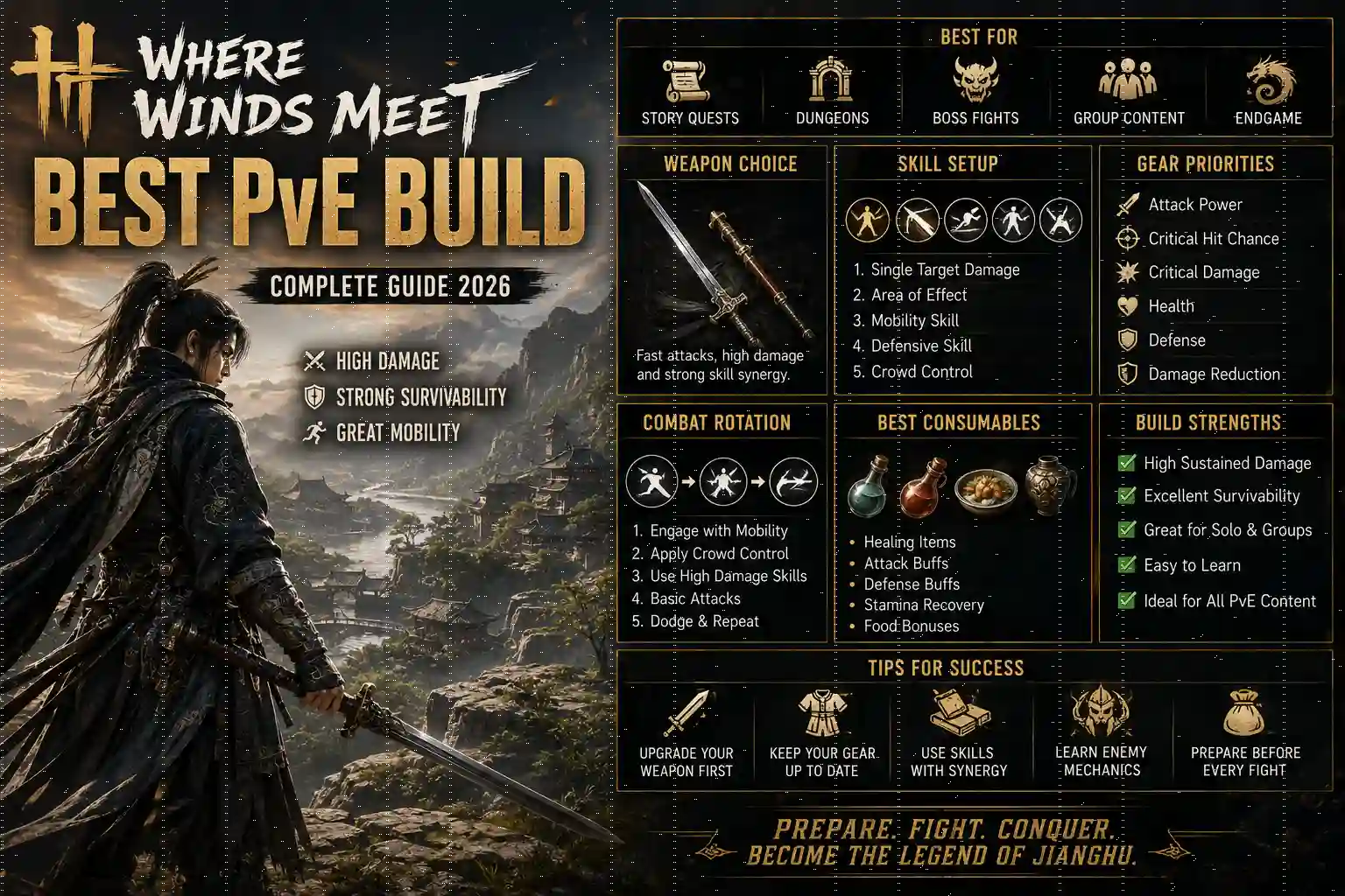 Where Winds Meet Best PvE Build 2026 featuring the best weapons, skills, gear priorities, combat rotation, and endgame PvE strategy.