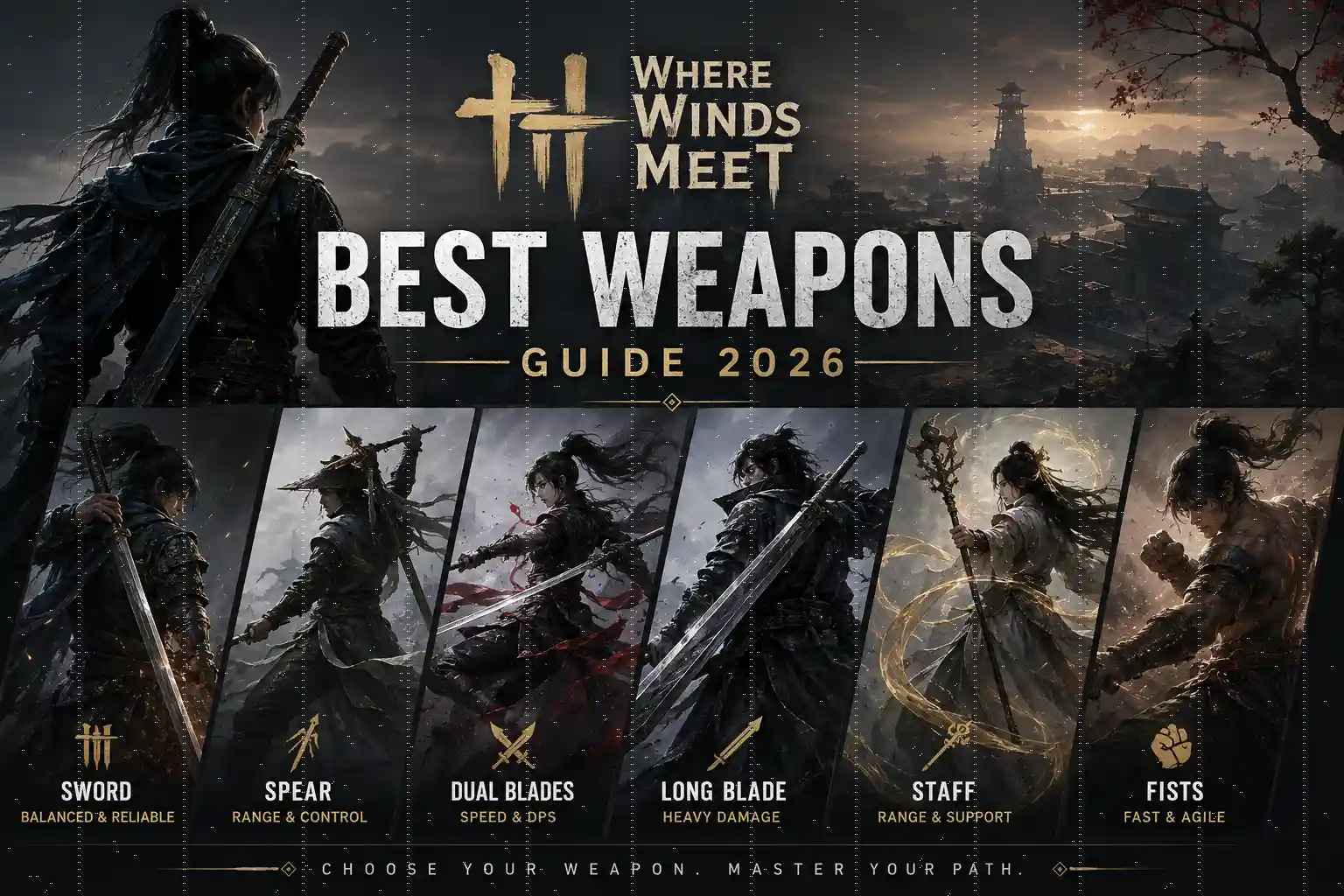Where Winds Meet best weapons guide showing the top weapon choices for PvE and PvP