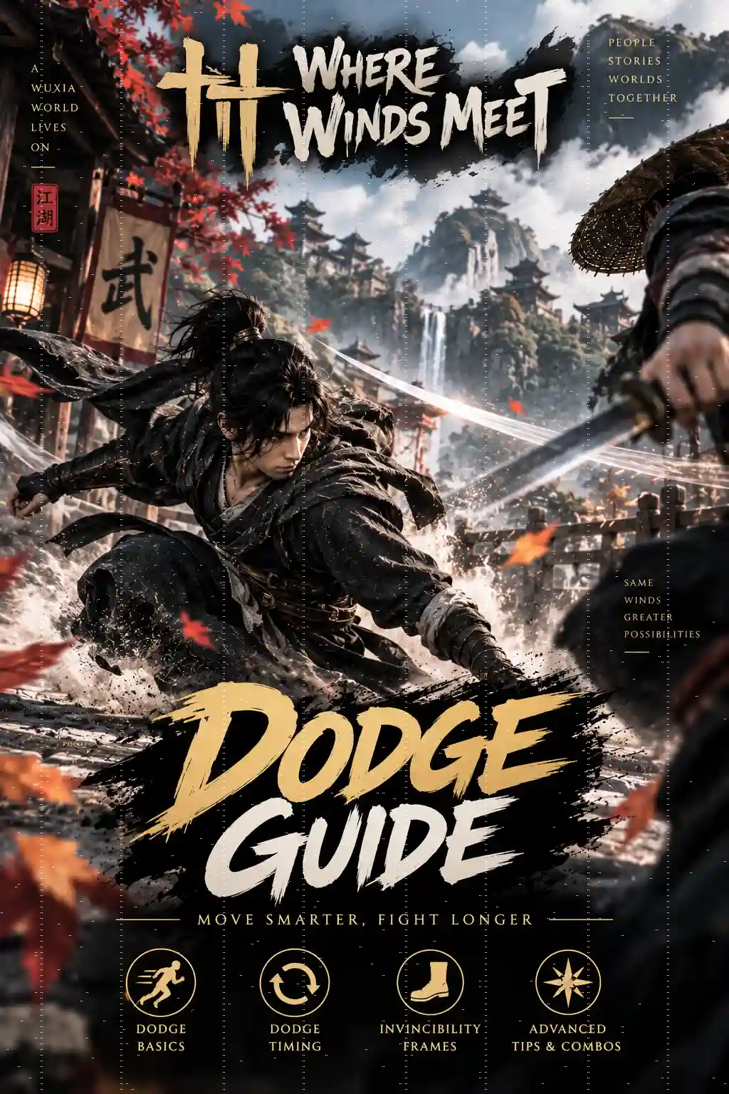 Where Winds Meet Dodge Guide showing a warrior dodging a sword attack