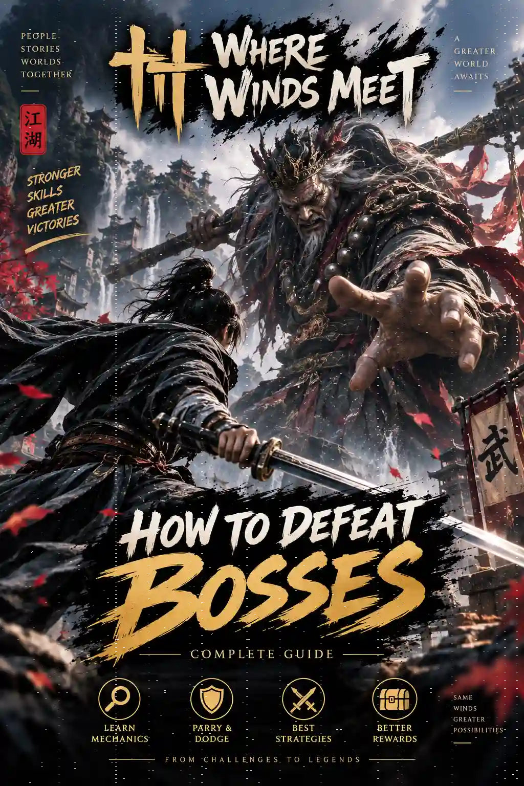 Where Winds Meet How to Defeat Bosses guide featuring a warrior fighting a boss