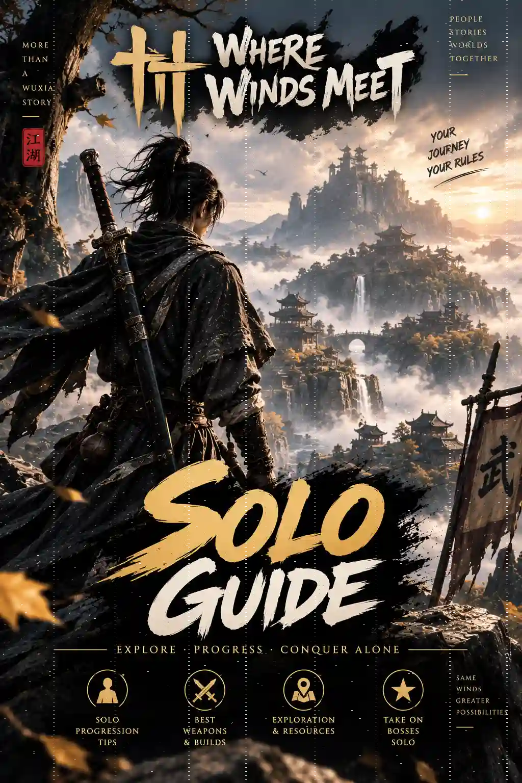 Where Winds Meet Solo Guide showing a lone warrior exploring the game world