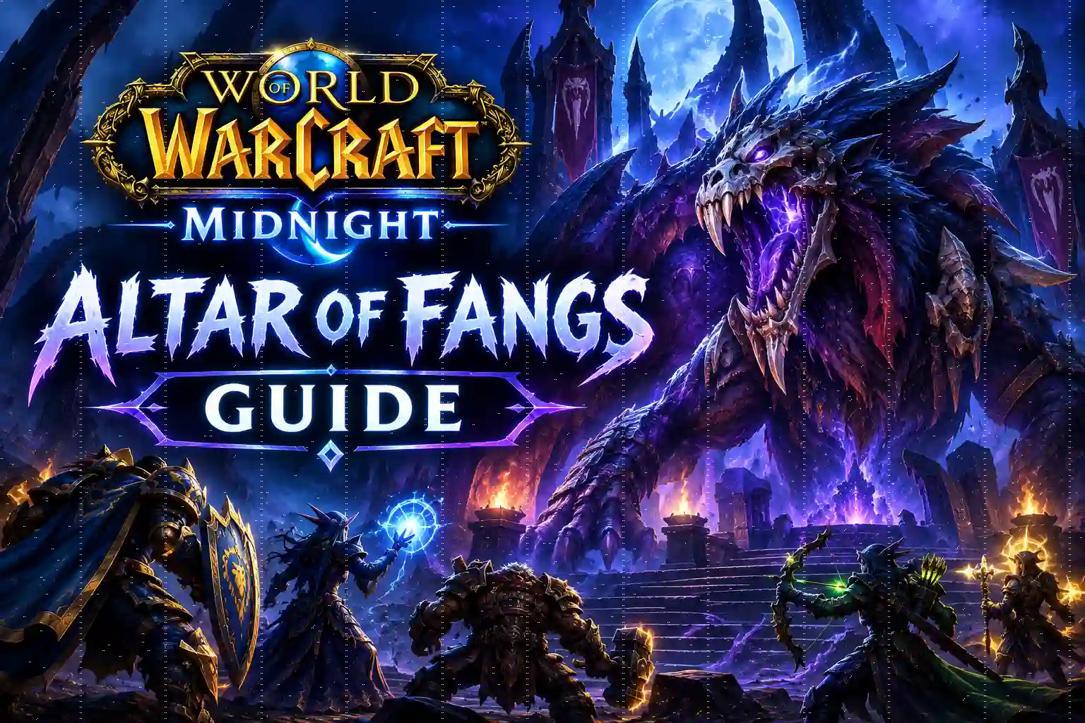 WoW Midnight Altar of Fangs Guide featuring a powerful fang-covered raid boss and adventurers