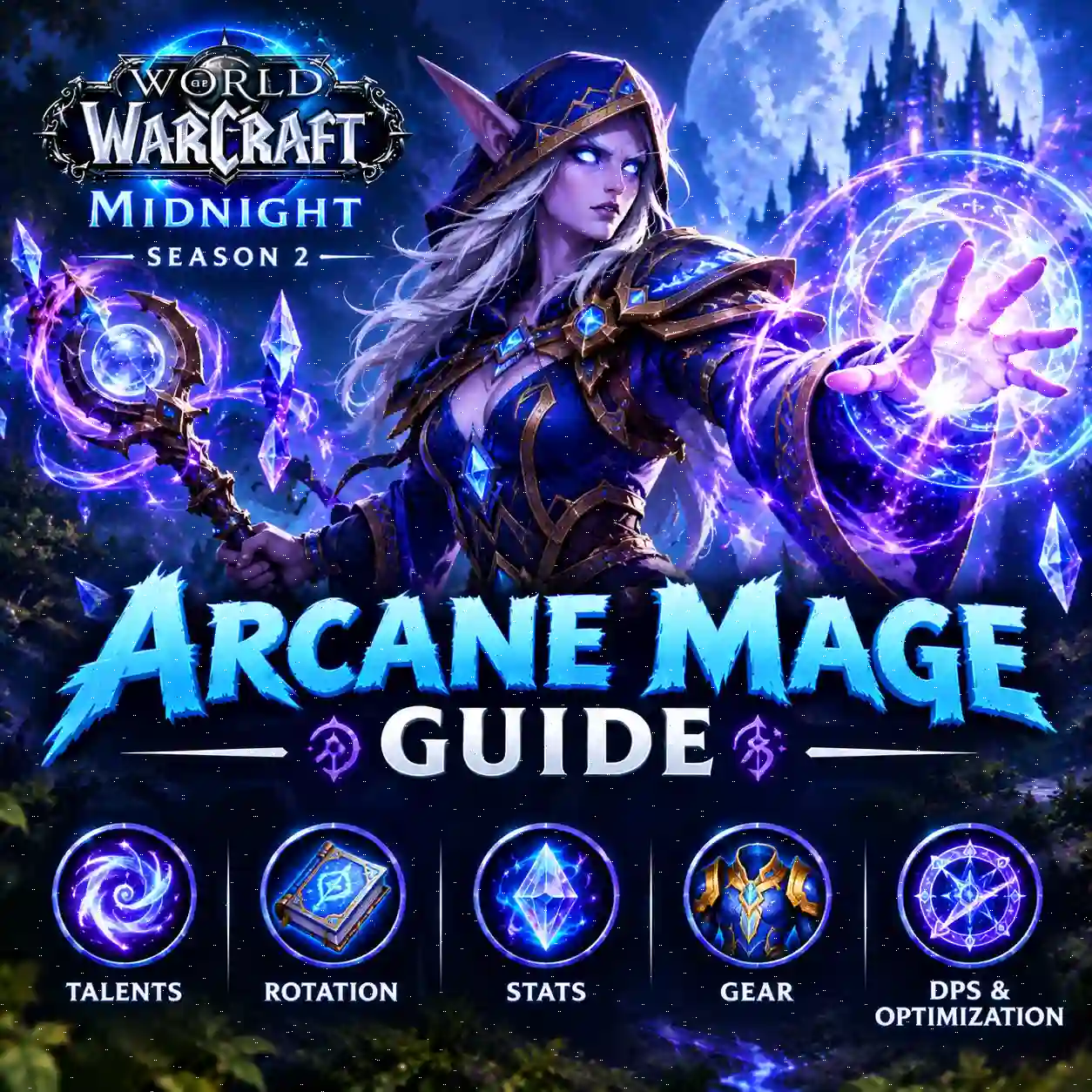WoW Midnight Season 2 Arcane Mage Guide featuring a Mage casting arcane magic
