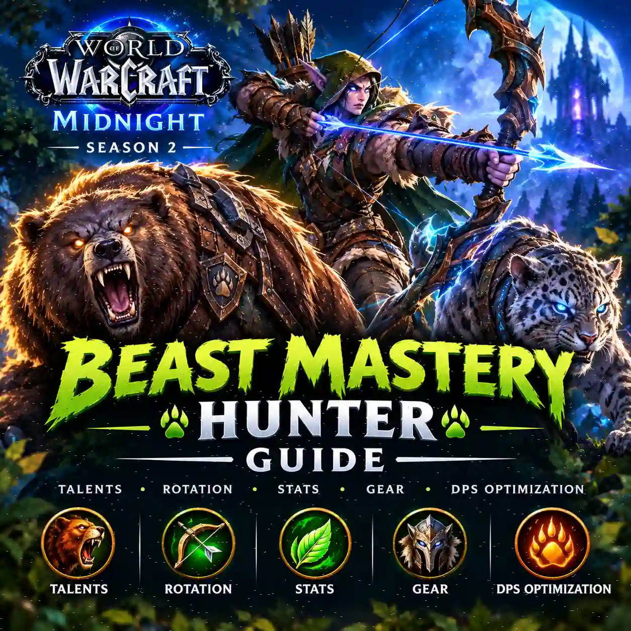 WoW Midnight Season 2 Beast Mastery Hunter Guide featuring a Hunter fighting alongside a powerful pet