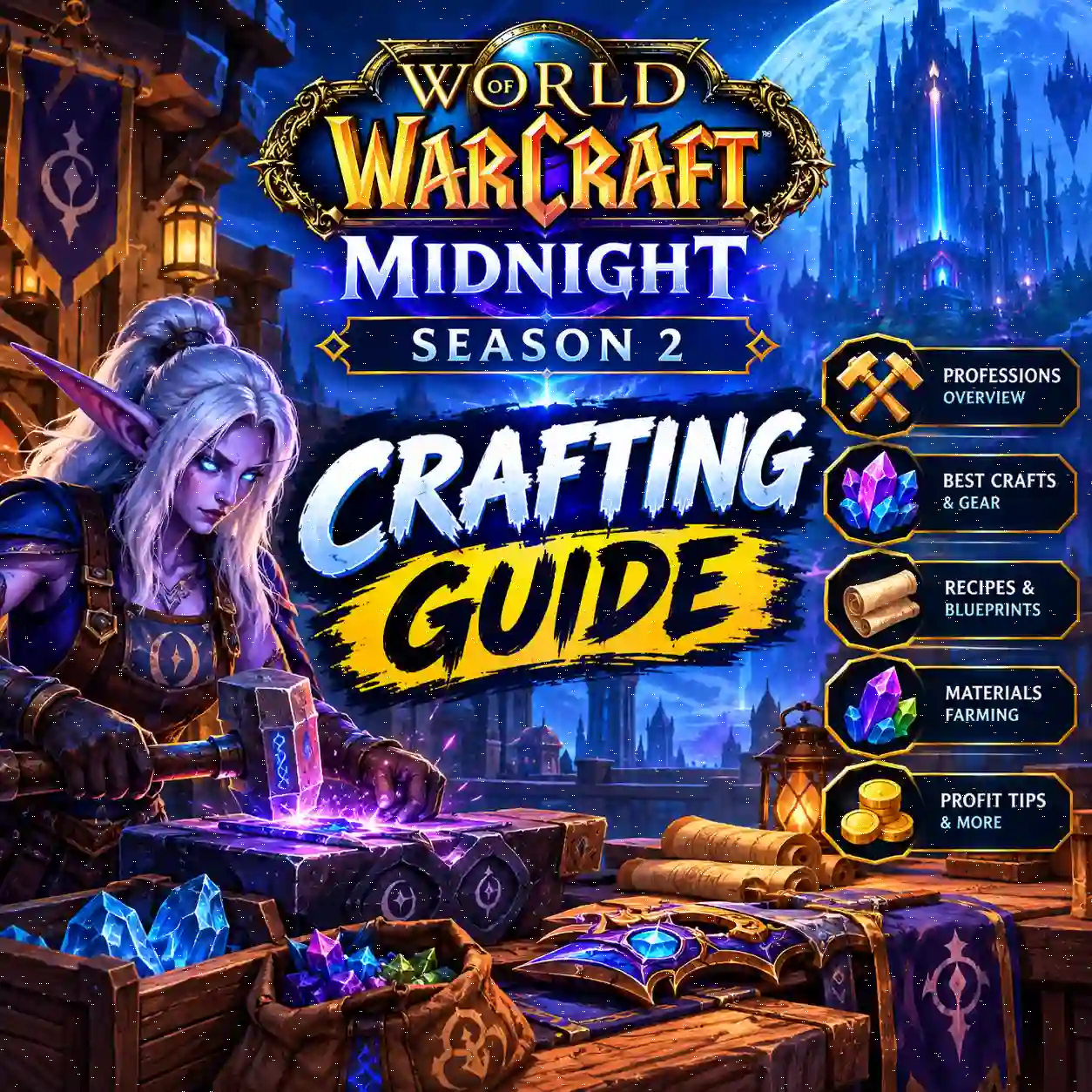 WoW Midnight Season 2 Crafting Guide 2026 featuring professions, recipes, materials, gear crafting, and profit tips