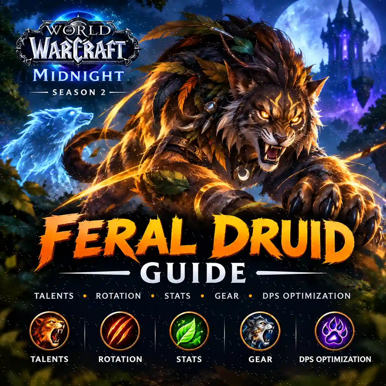 WoW Midnight Season 2 Feral Druid Guide featuring a Druid in Cat Form