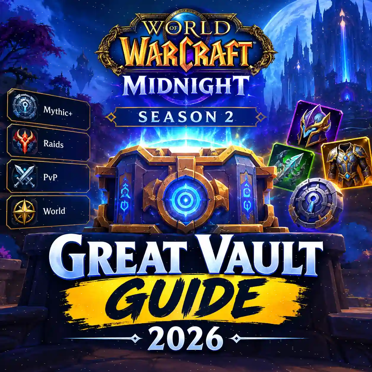 WoW Midnight Season 2 Great Vault Guide 2026 featuring weekly rewards, Mythic+, raids, PvP, and gear upgrades