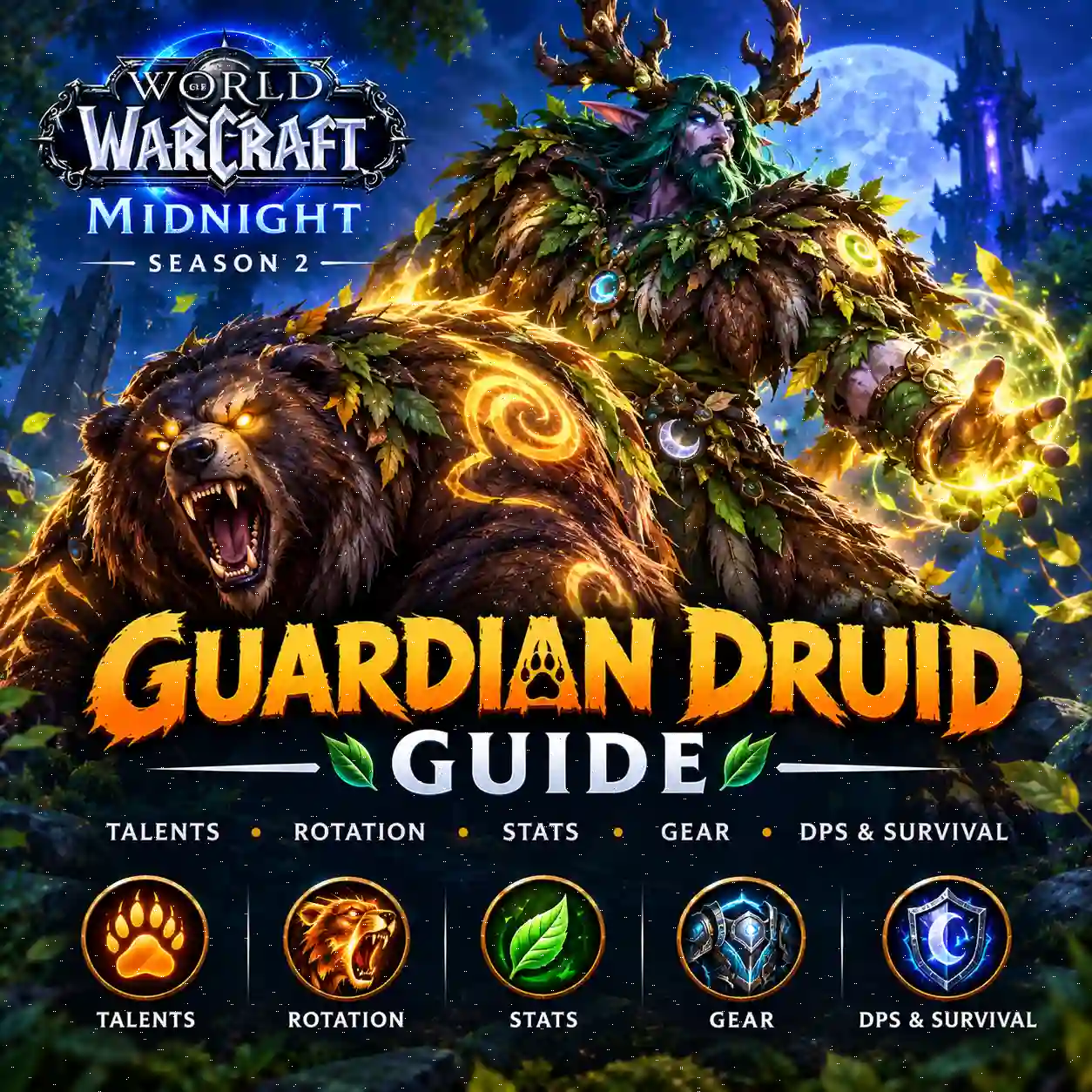 WoW Midnight Season 2 Guardian Druid Guide featuring a Guardian Druid in Bear Form