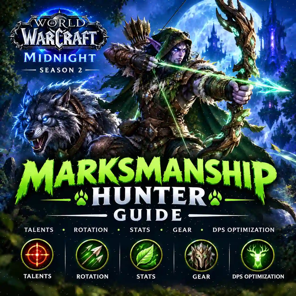 WoW Midnight Season 2 Marksmanship Hunter Guide featuring a Hunter aiming a powerful ranged attack
