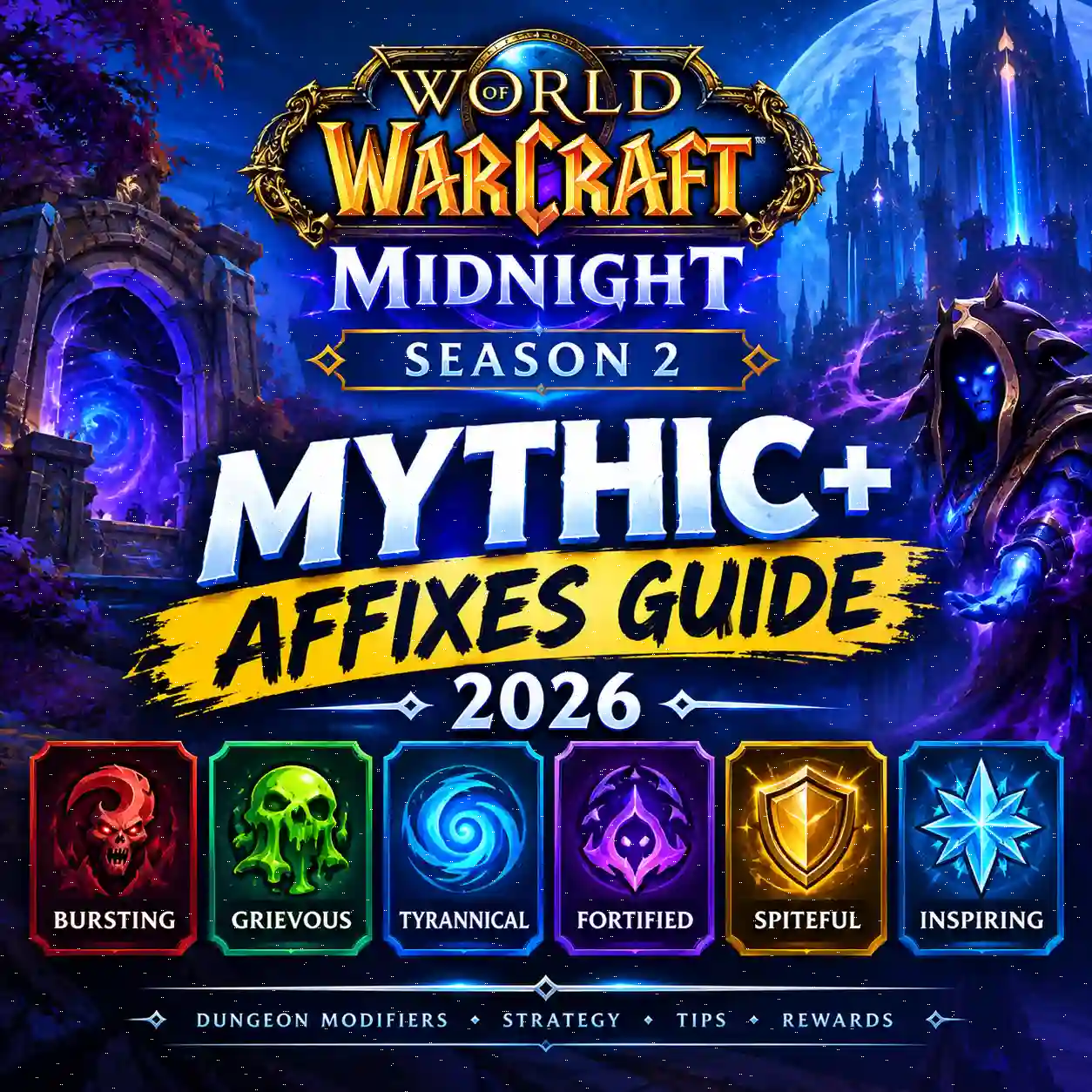 WoW Midnight Season 2 Mythic+ Affixes Guide 2026 featuring dungeon modifiers, affix icons, and Mythic Plus strategy