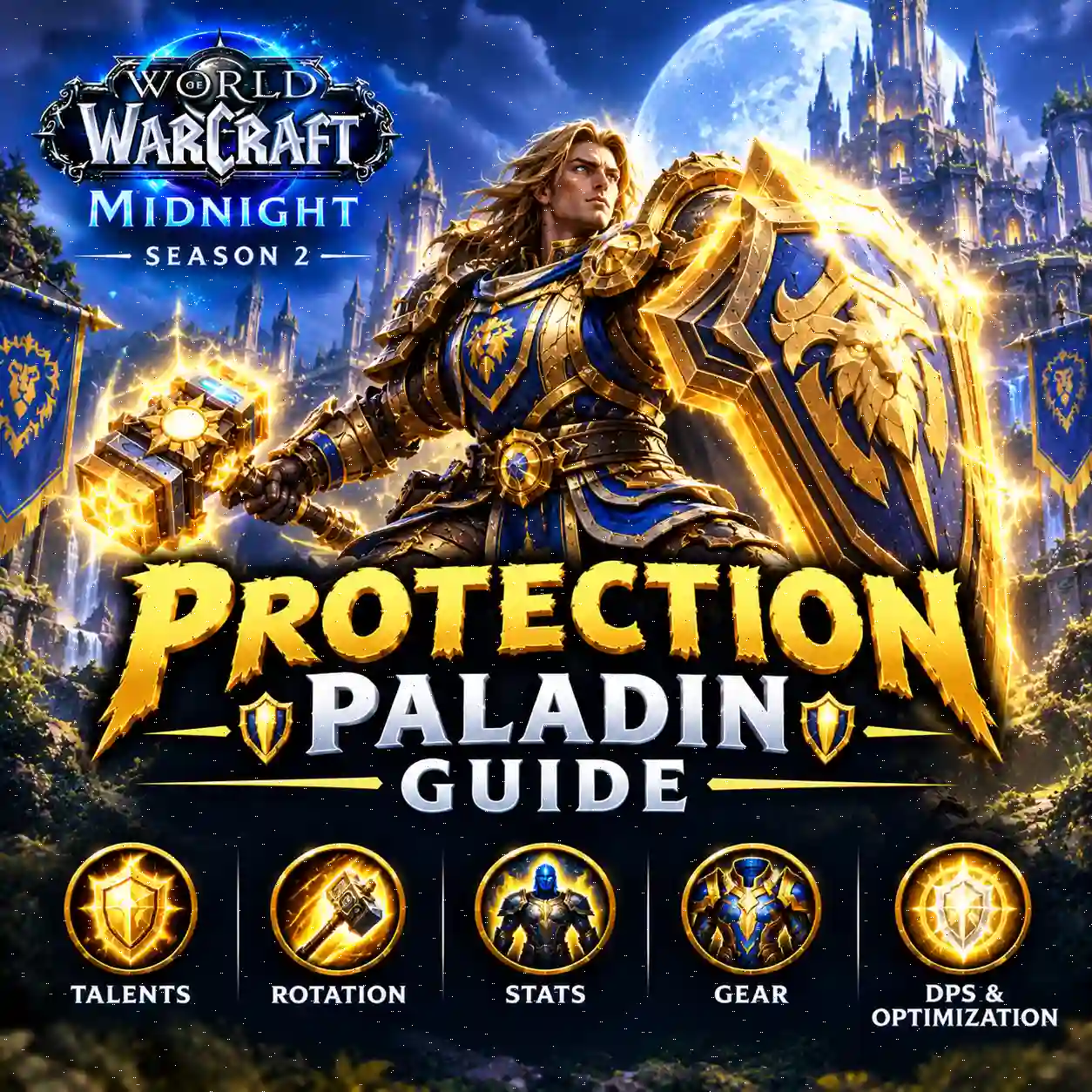 WoW Midnight Season 2 Protection Paladin Guide featuring a Paladin tanking with a shield and holy magic