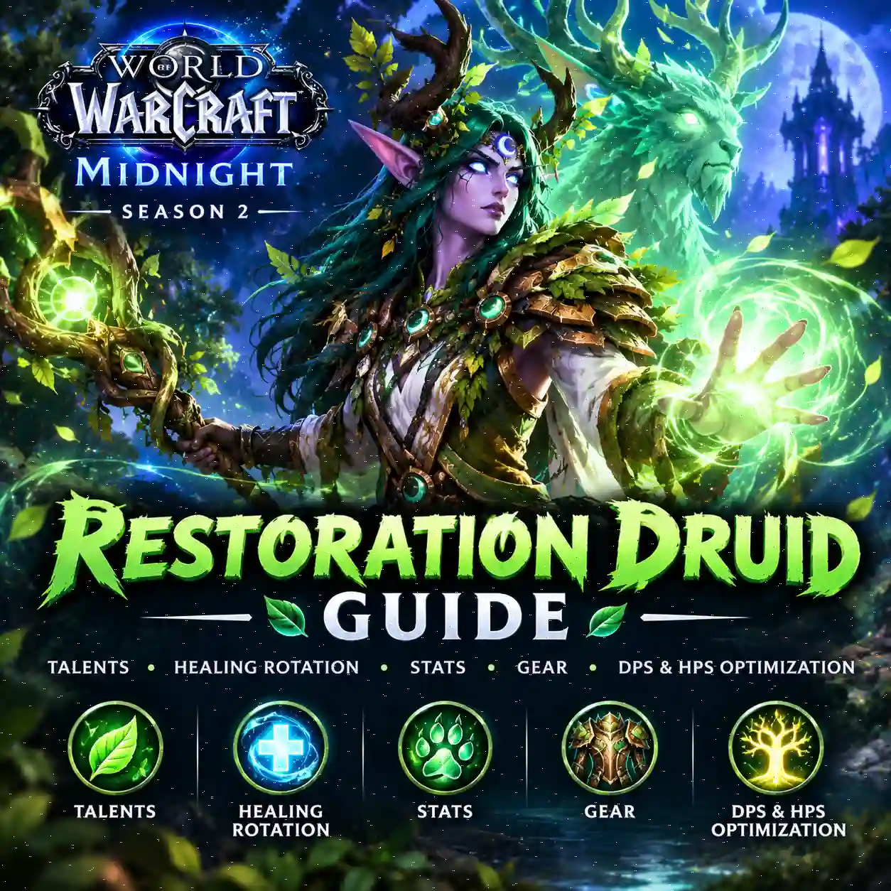 WoW Midnight Season 2 Restoration Druid Guide showing a Druid healing allies with nature magic