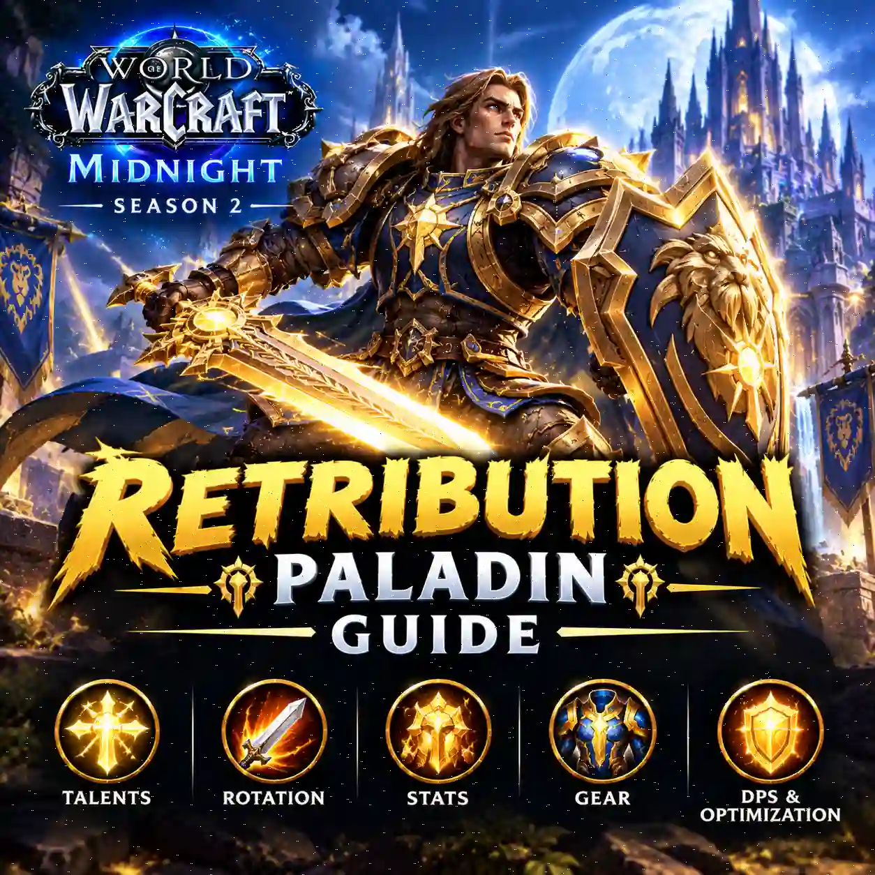 WoW Midnight Season 2 Retribution Paladin Guide featuring a Paladin wielding a holy weapon