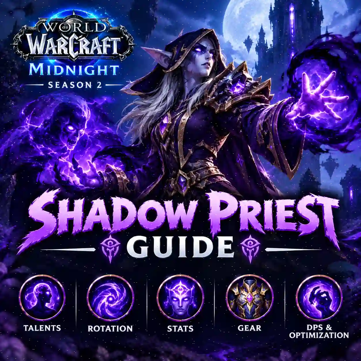 WoW Midnight Season 2 Shadow Priest Guide featuring a Shadow Priest casting powerful Void magic